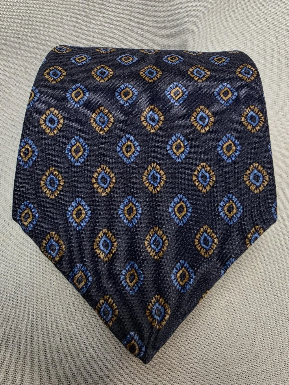 Mens Vintage Liberty Of London Navy Silk & Wool Tie w Blue & Gold Medallions